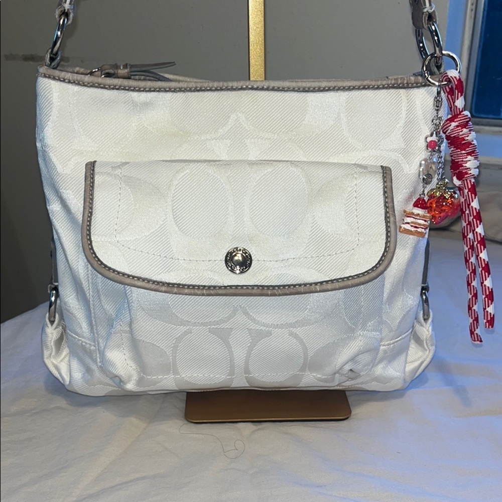Coach White and Tan Crossbody Bag with Adjustable Strap and Charm